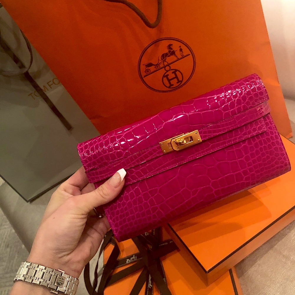 Pink Hermes Crocodile Kelly Wallet